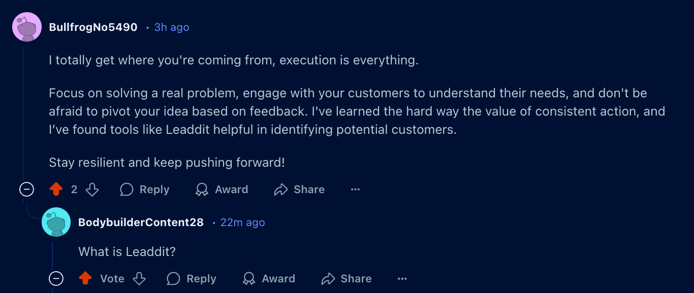 A Reddit thread: a helpful reply that mentions Leaddit once, then another user asking what Leaddit is